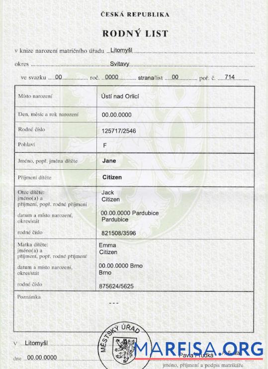 Realistic Czech birth certificate fully editable template in PSD format